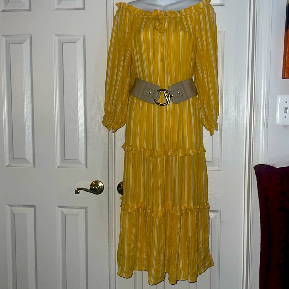 Yellow, & white striped dress. Can be worn off or on the shoulder. New w/ tags.